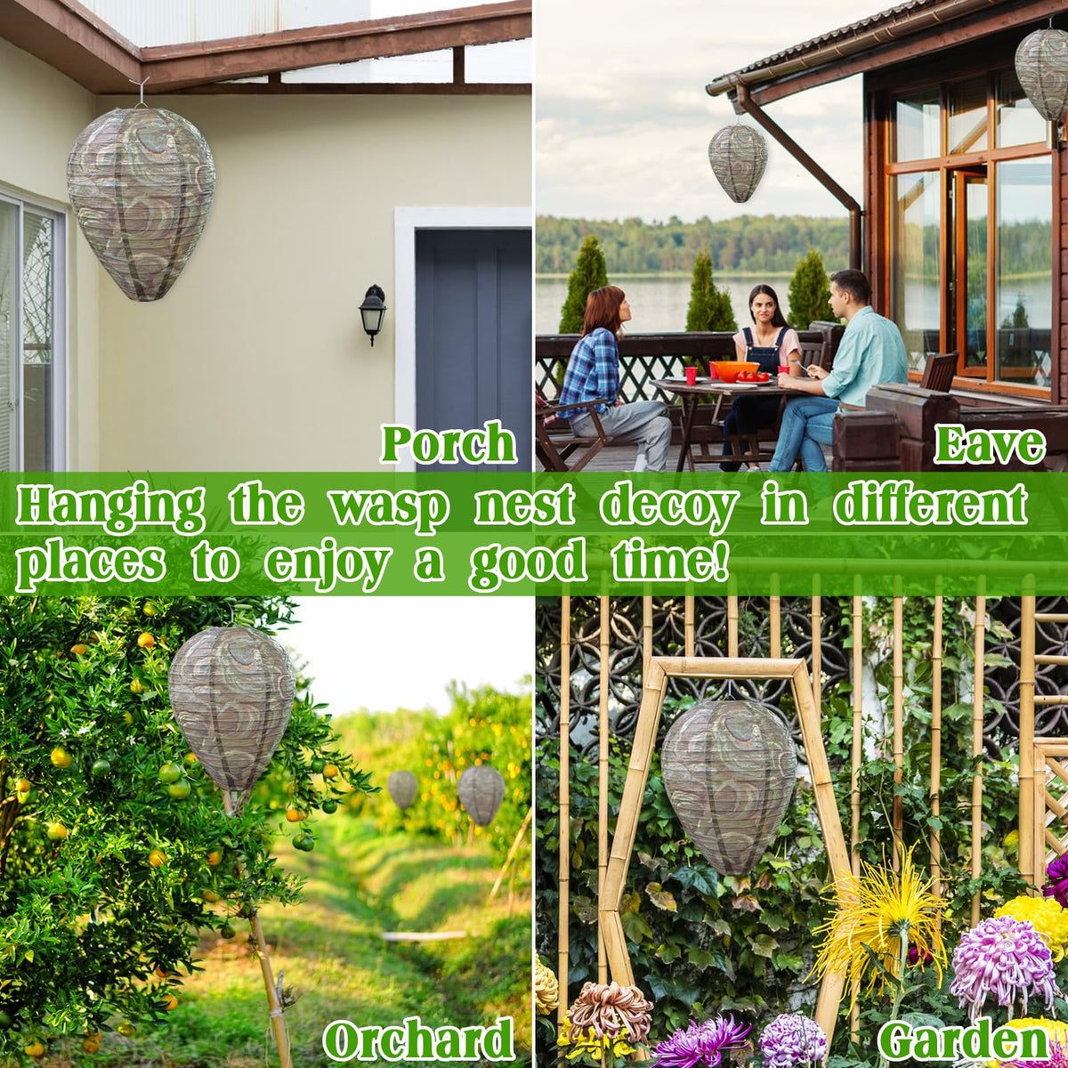 ZeeDix dark nest decoy hung under an eave for yard display.