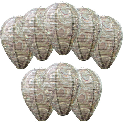 ZeeDix 8-pack dark wasp nest decoy hanging outdoors over a patio.