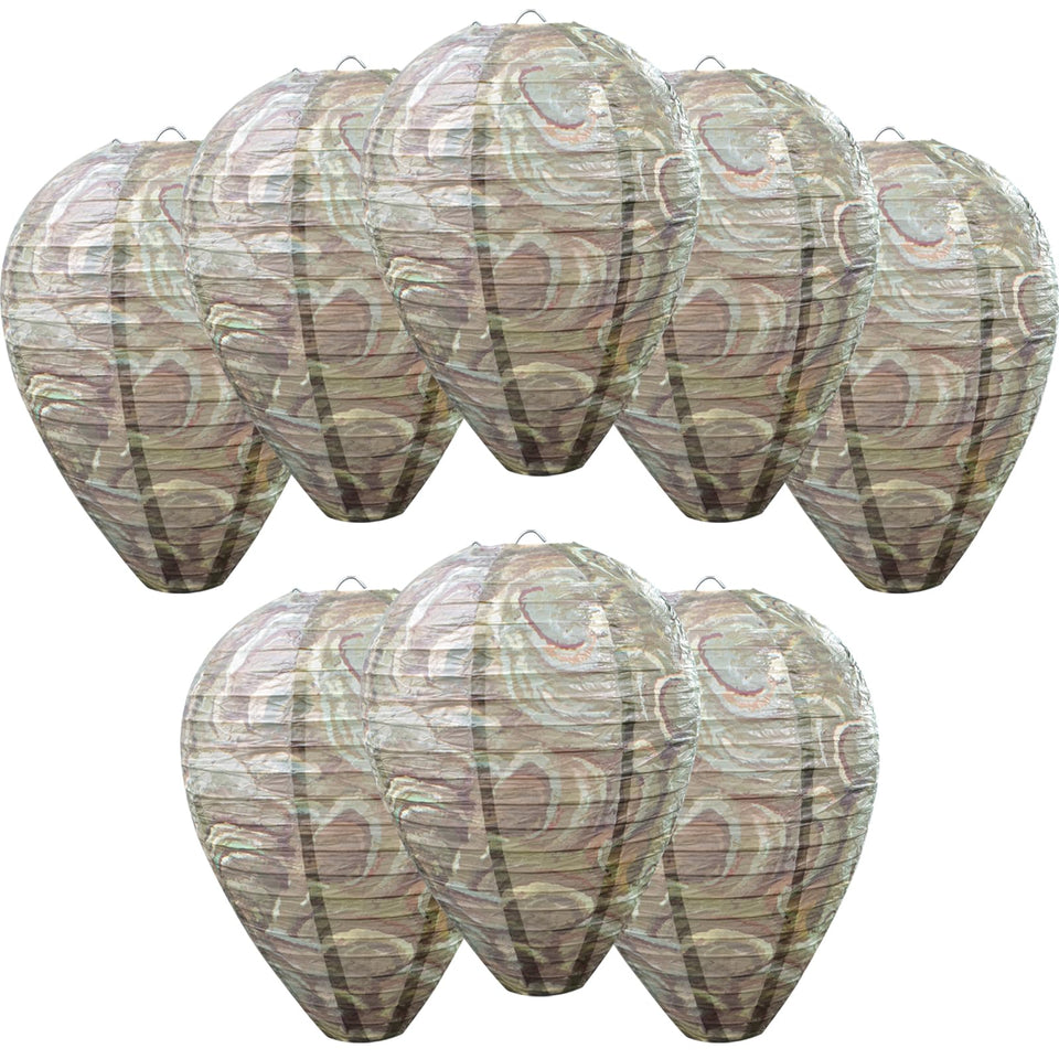 ZeeDix 8-pack dark wasp nest decoy hanging outdoors over a patio.