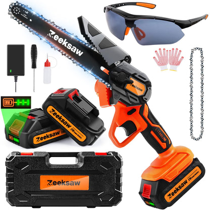 Zeeksaw mini chainsaw with battery pack ready for quick yard work.