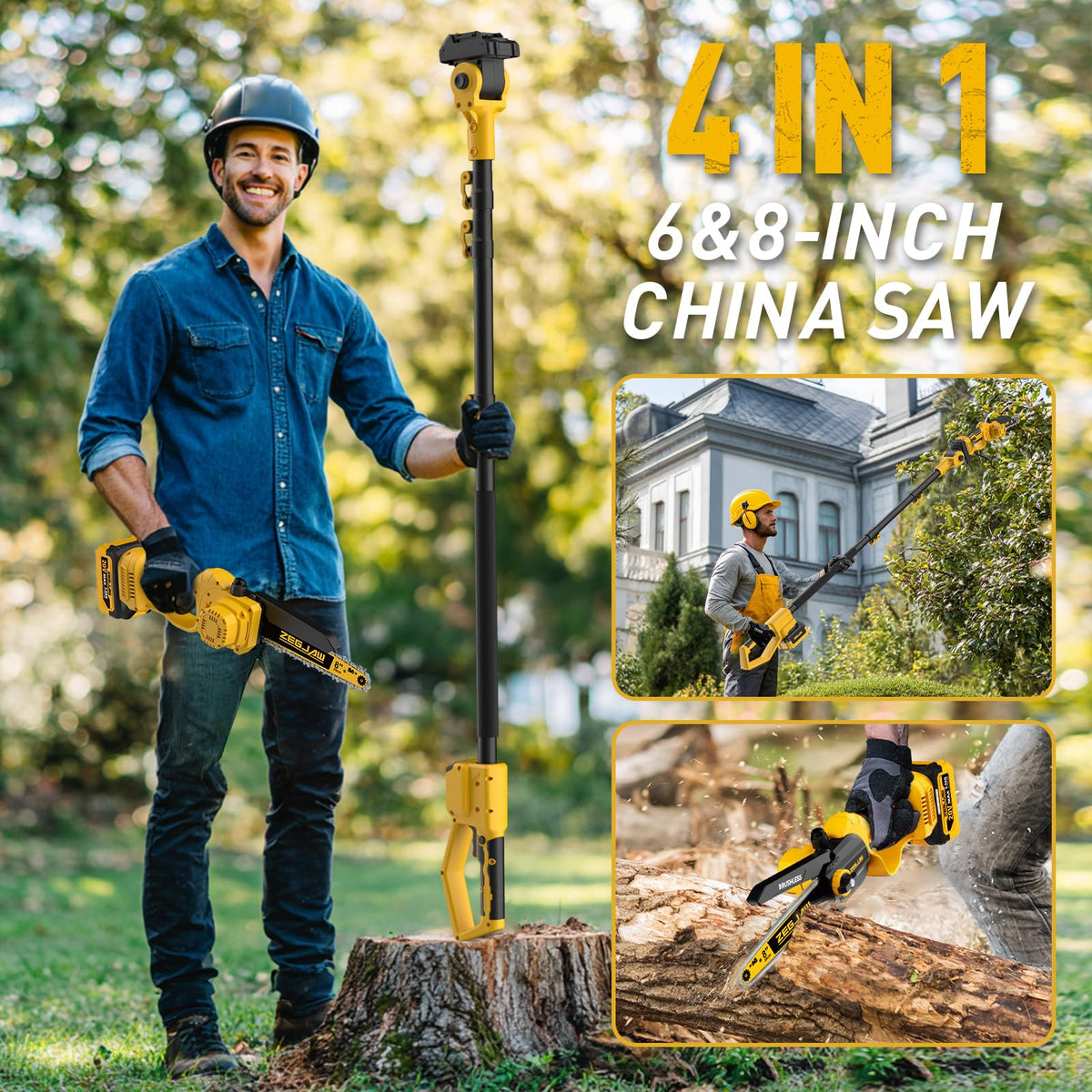 ZEGJAW 180-degree telescopic pole extending reach for tall tree pruning from the ground.