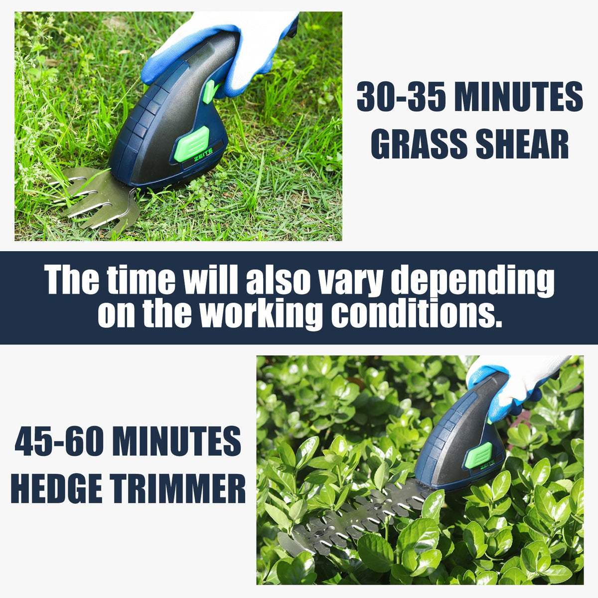Zeite 7.2V long-handle grip enables comfortable one-handed trimming.