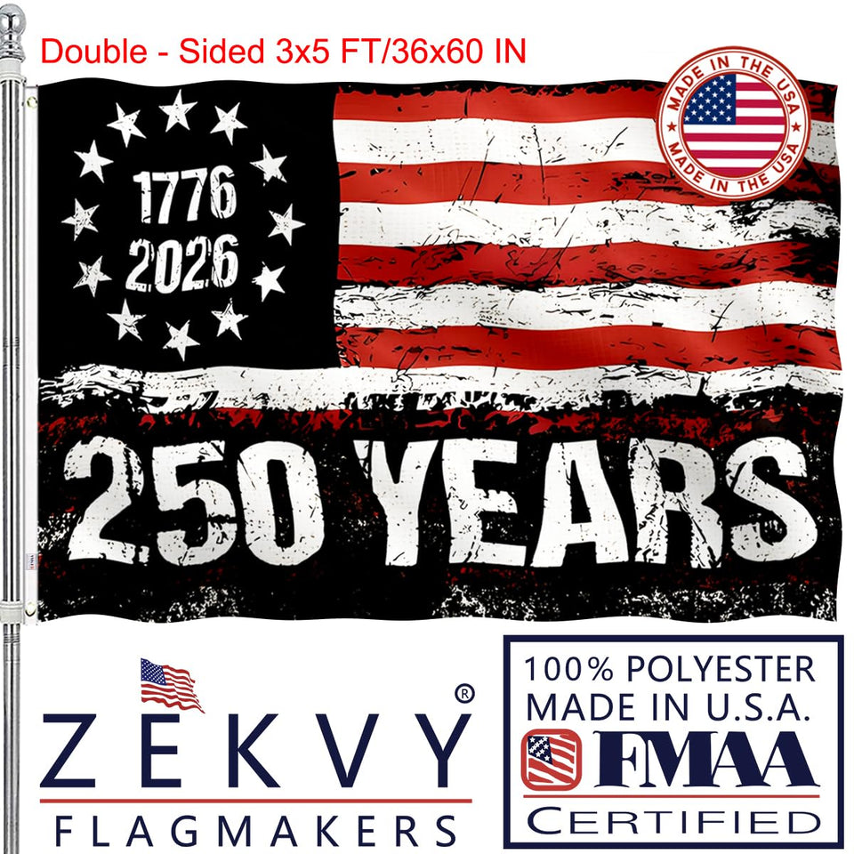 ZEKVY 250th anniversary flag double-sided 3x5 front view, clear emblems for patriotic display