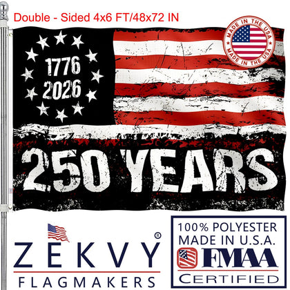 ZEKVY 250th anniversary flag front view with double-sided printing for clear visibility.