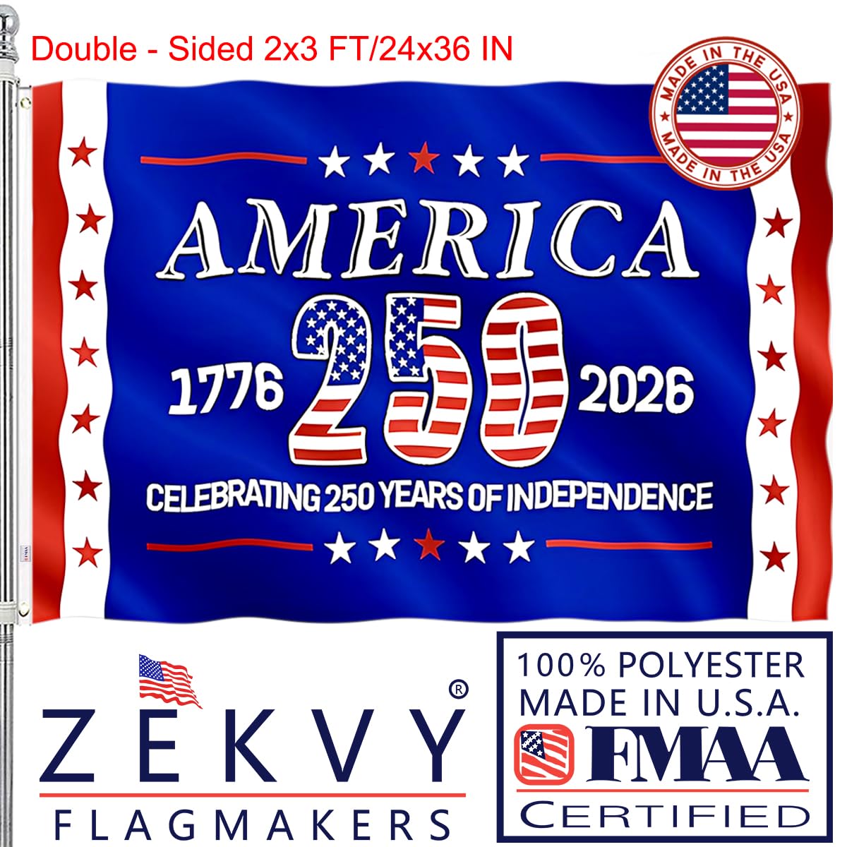 ZEKVY 250th anniversary flag front view with bold outdoor colors.