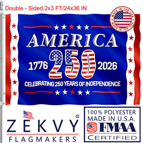 ZEKVY 250th anniversary flag front view with bold outdoor colors.