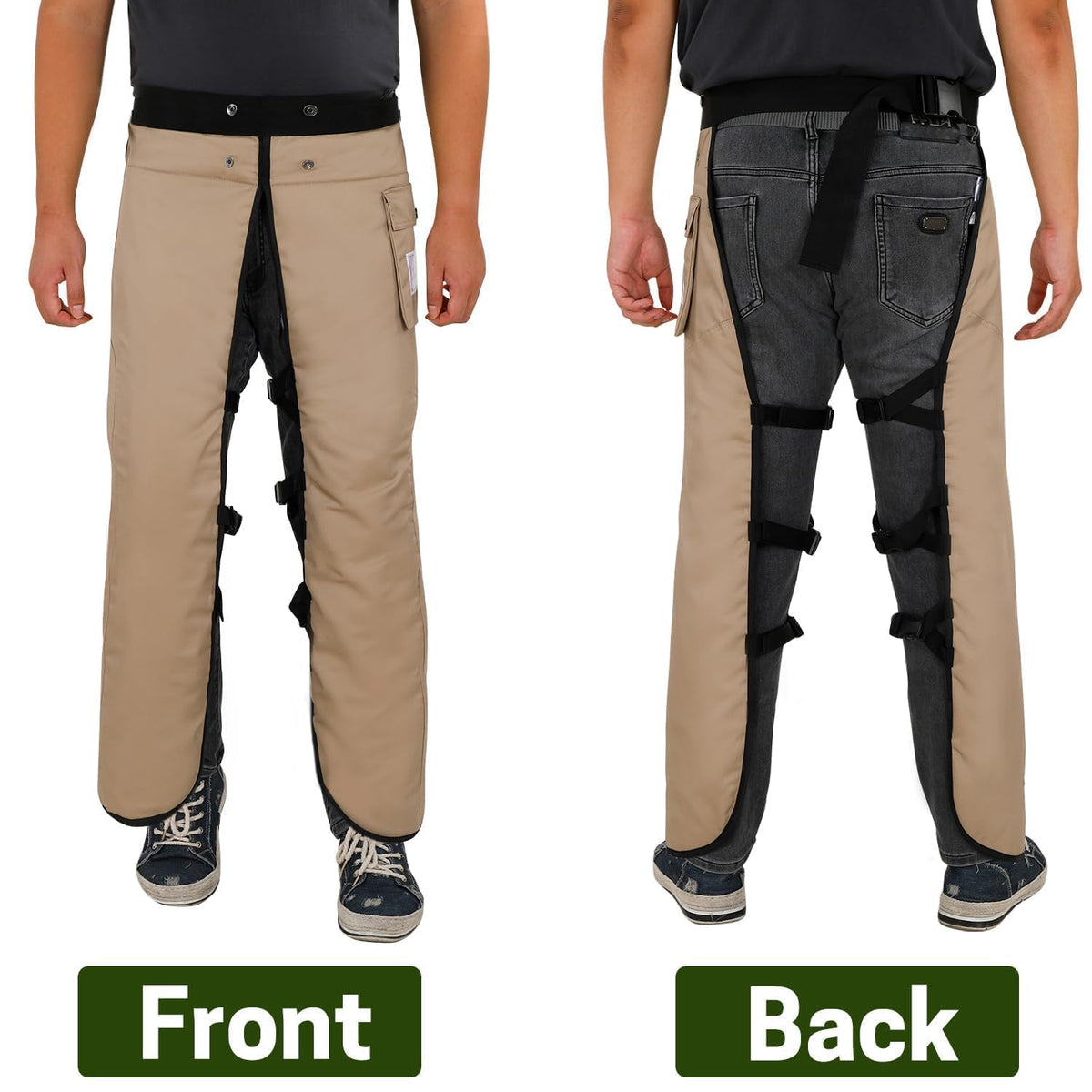 Close-up of 8-layer material on ZELARMAN chaps highlighting durable protection