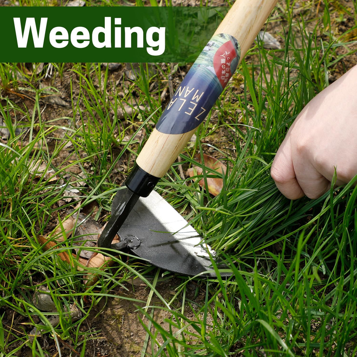 ZELARMAN hand weeder tool cutting weeds with ergonomic grip.