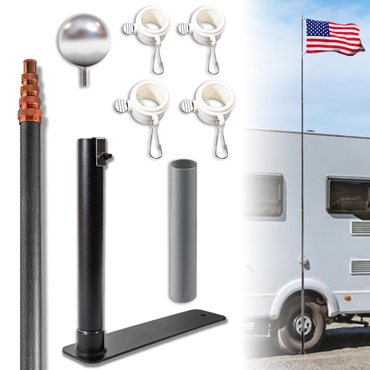 Zelvoro upgraded telescopic flagpole with anti-break tube showing reinforced structure for windy use.