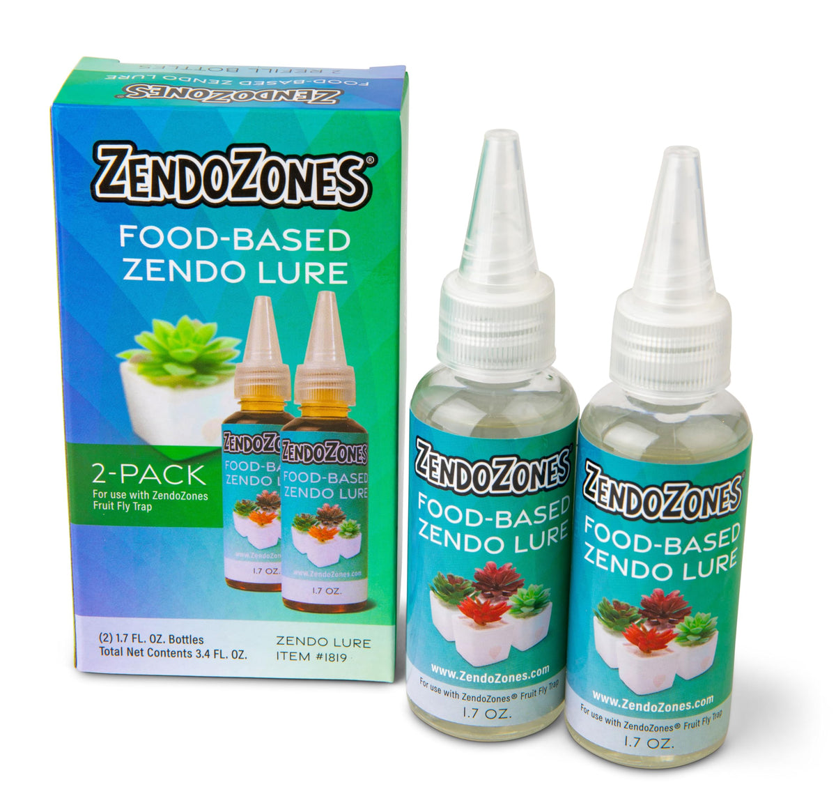 ZendoLure two-pack refill bottles for ZendoZones traps provide easy indoor fruit fly control.