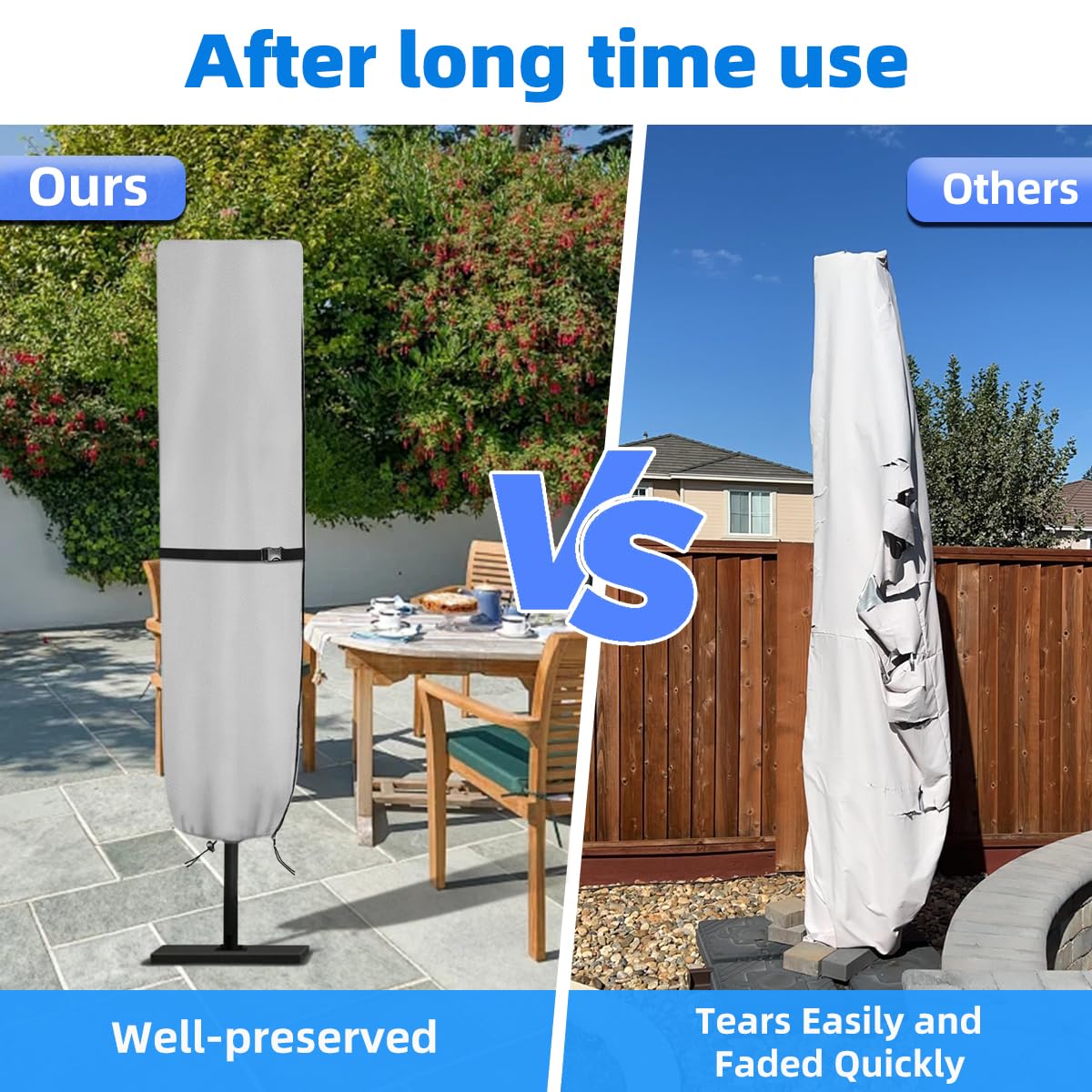 Zenicham Parasol Cover ready for 15 ft double-sided umbrellas outdoors.