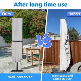 Zenicham Parasol Cover ready for 15 ft double-sided umbrellas outdoors.