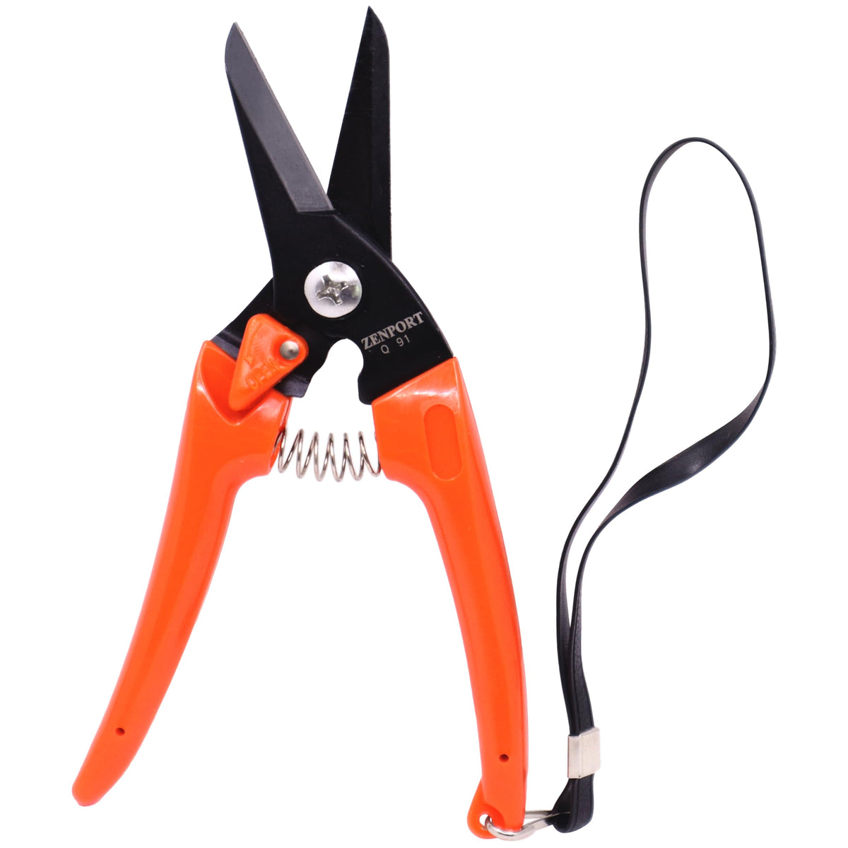 Zenport Q91 spring-loaded garden shears closeup shows smooth cutting action.
