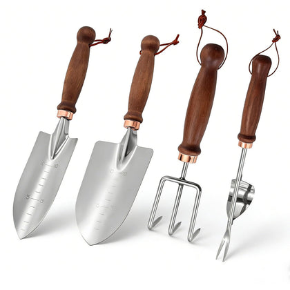 Zenrok transplanting shovel with wooden handle for precise planting and comfortable grip.