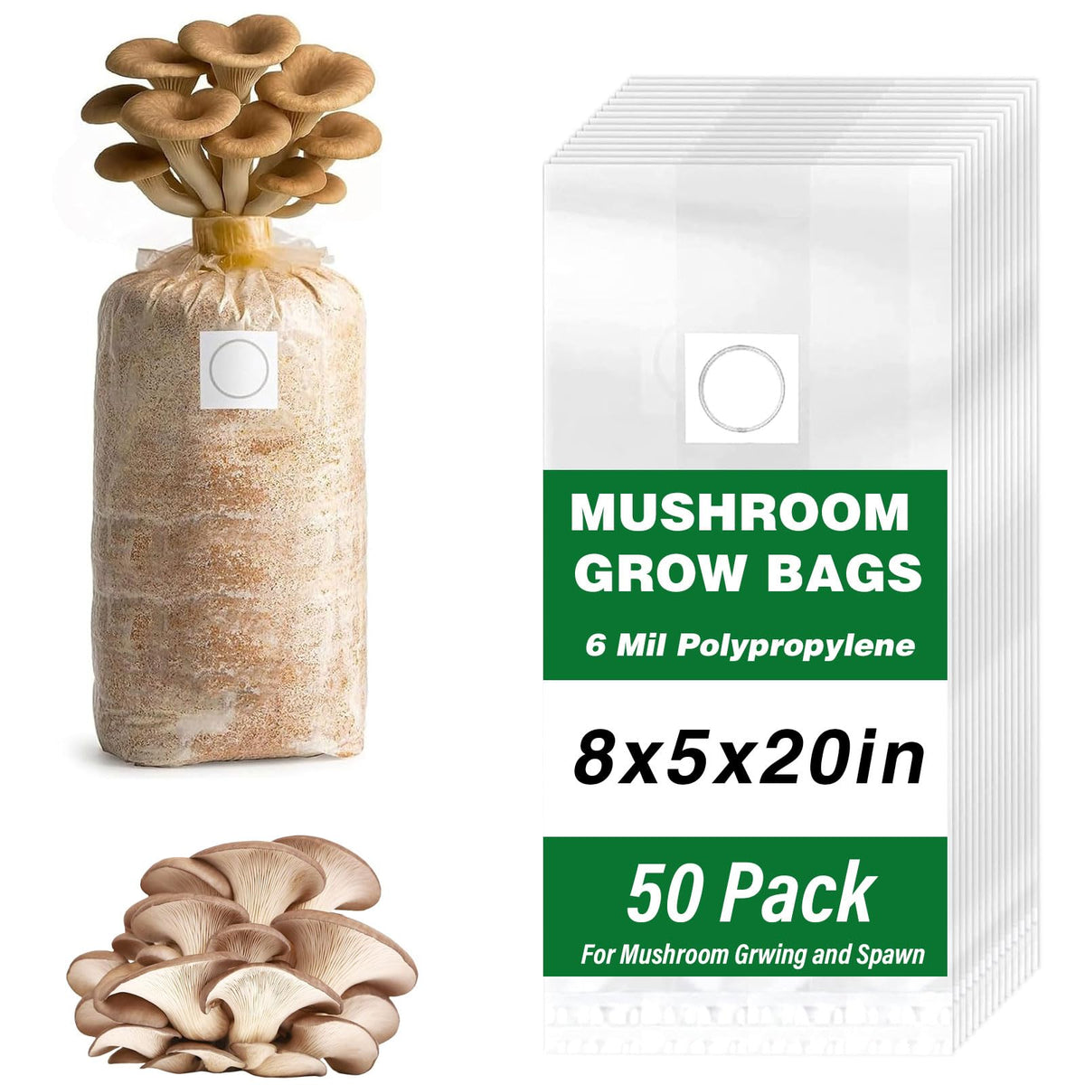 Zenrok mushroom grow bag, 50-pack, thick 6 mil for durable substrate containment.