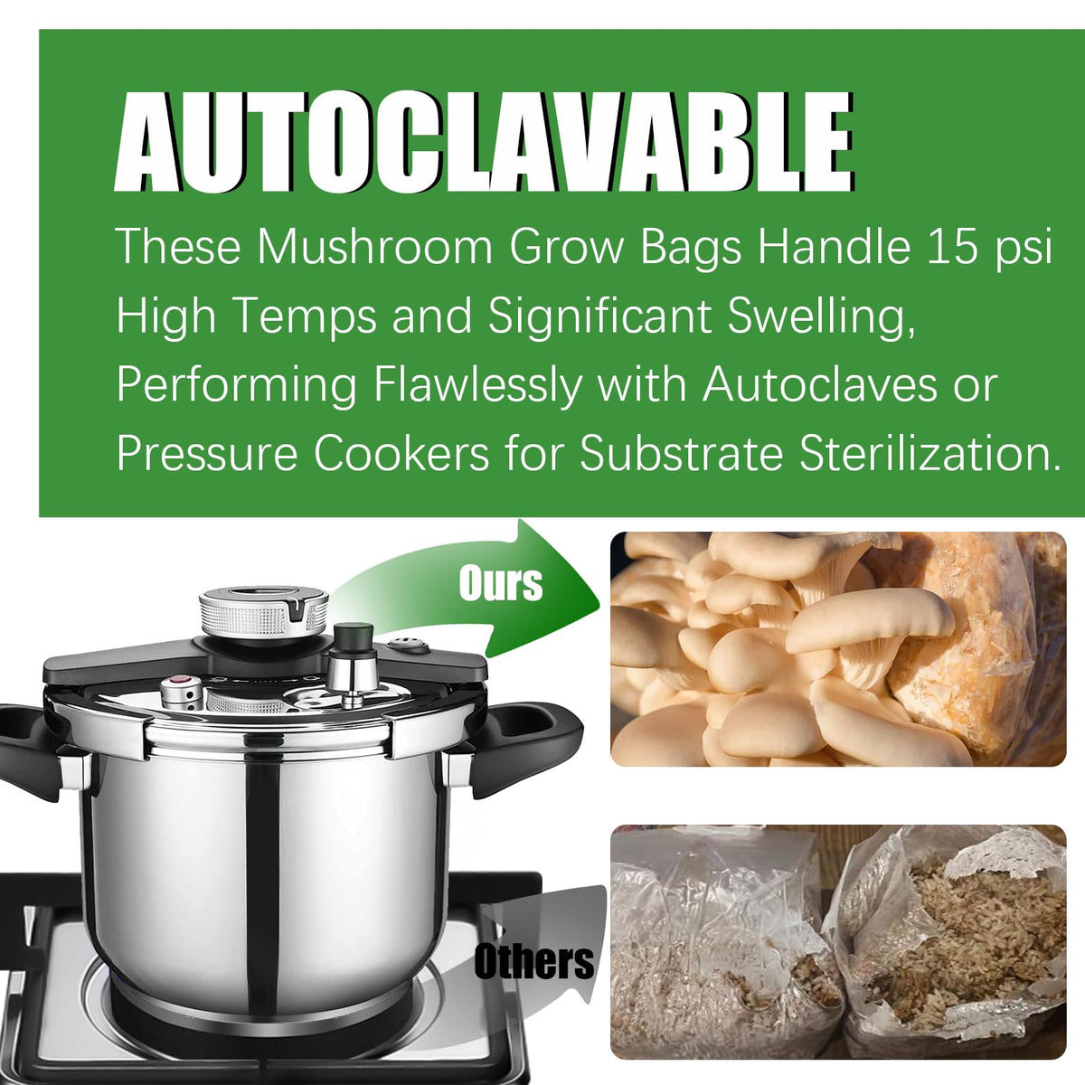 Zenrok mushroom grow bag is autoclavable for convenient sterilization workflows.