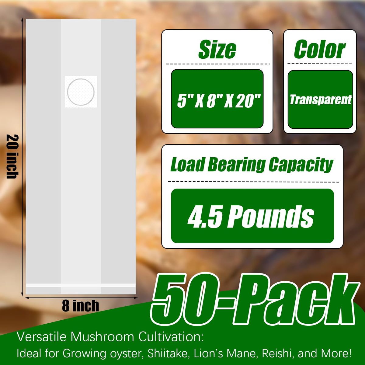 Zenrok mushroom grow bag shows 8x5x20 inch dimensions for spacious substrate space.
