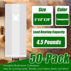 Zenrok mushroom grow bag shows 8x5x20 inch dimensions for spacious substrate space.