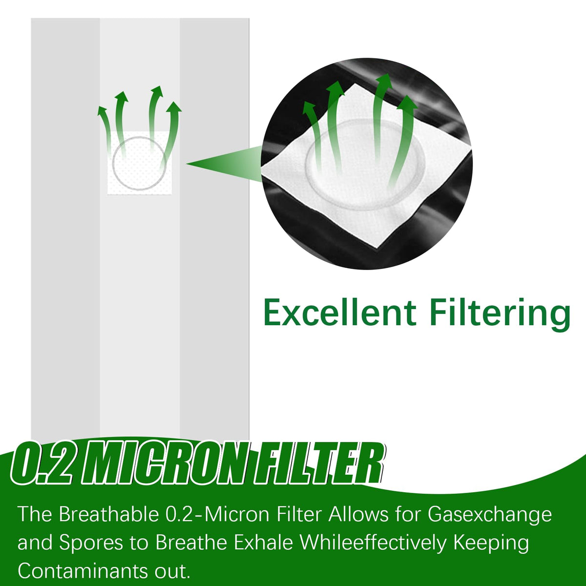 Zenrok mushroom grow bag with 0.2 micron patch enables filtered gas exchange.