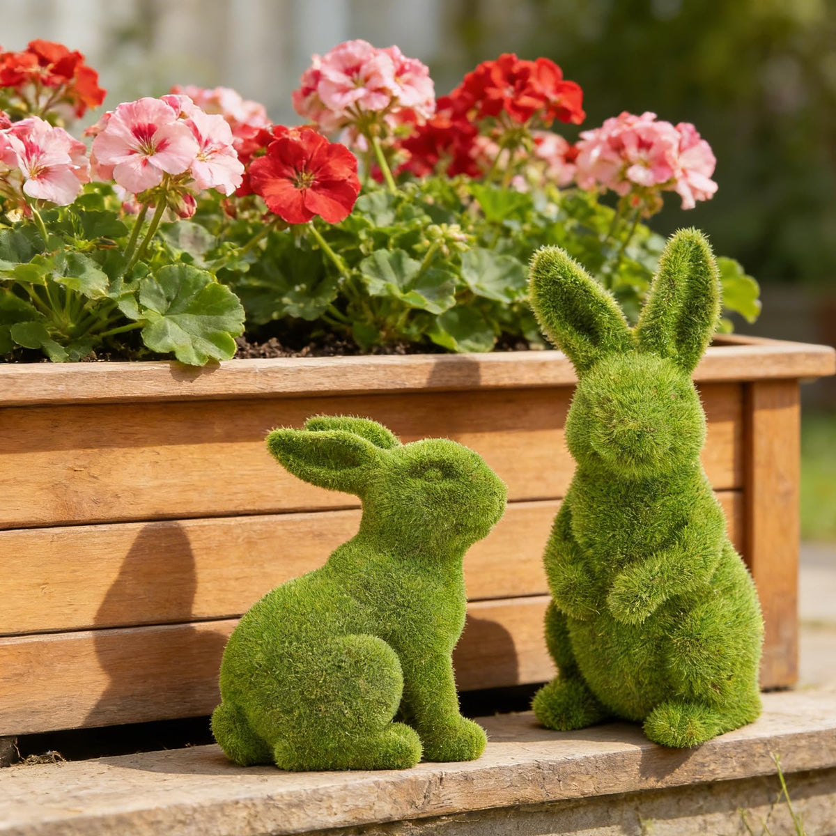 Zensounding moss rabbit sitting green decor enhances tabletops with spring vibes.