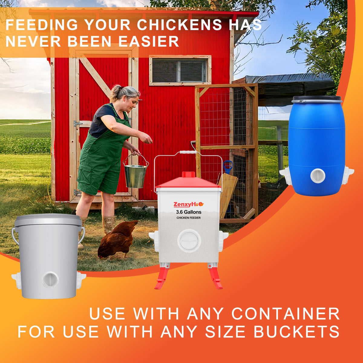 ZenxyHoC weather-ready feeder supports outdoor use in buckets, barrels, and bins.