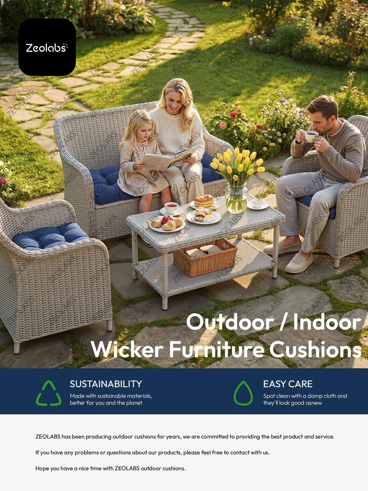 ZEOLABS outdoor patio setup showcases aqua blue cushions for a refreshed vibe.