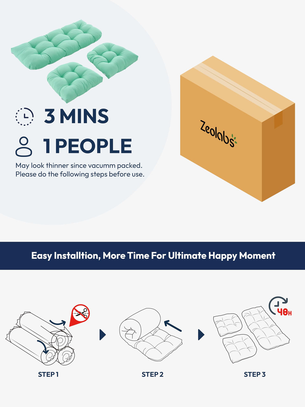 ZEOLABS cushion storage cover helps prolong life when not in use.