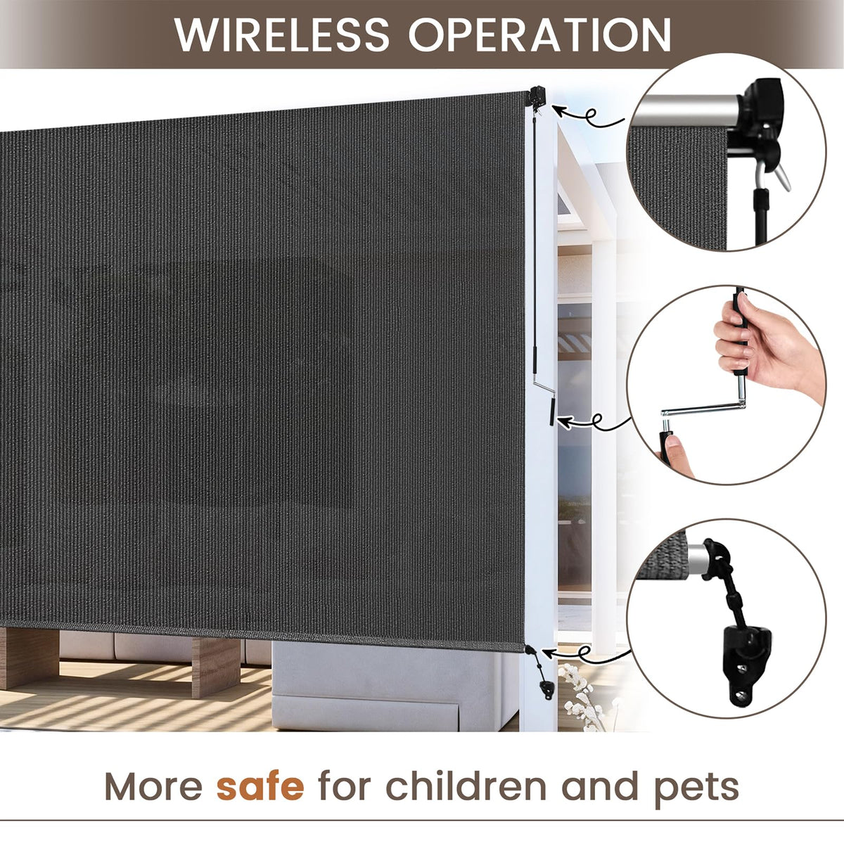Zephyr Place outdoor shades gray crank operation demonstrates safe, simple manual control.