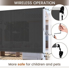 Zephyr Place outdoor shades gray crank operation demonstrates safe, simple manual control.