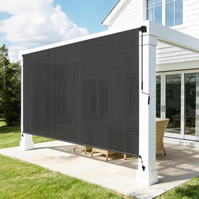 Zephyr Place outdoor roller shades gray front view offer shade and UV protection for sunny patios.