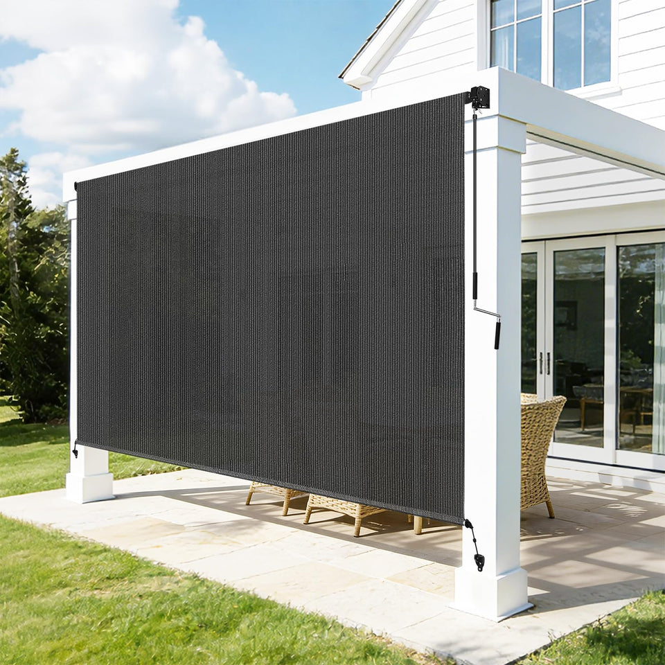 Zephyr Place outdoor roller shades gray front view offer shade and UV protection for sunny patios.