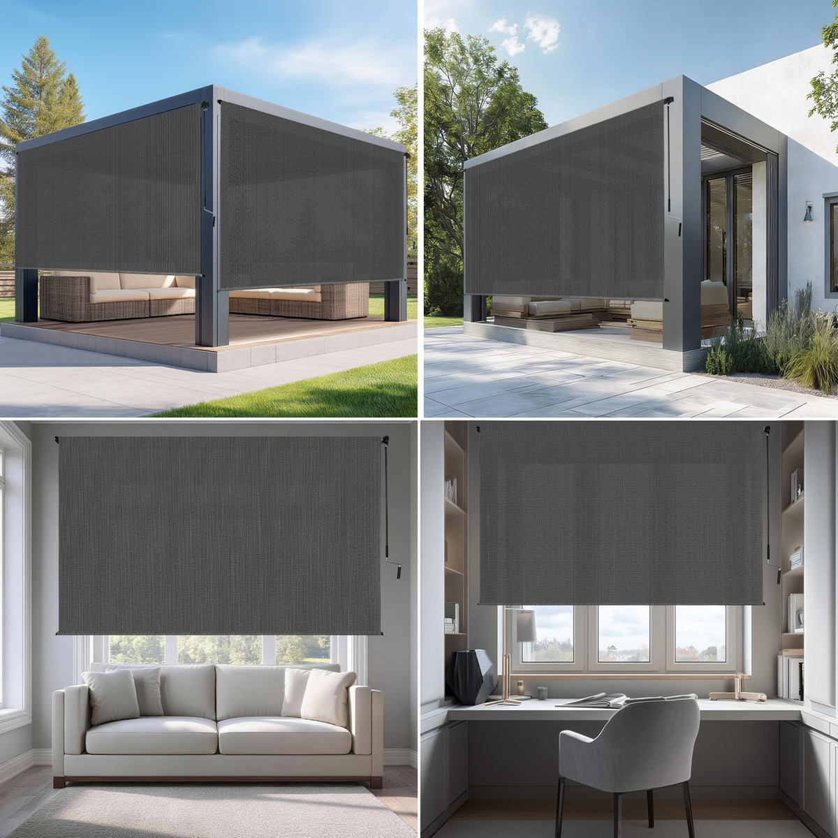 Zephyr Place outdoor shades gray wind resistance on pergola for privacy and comfort.