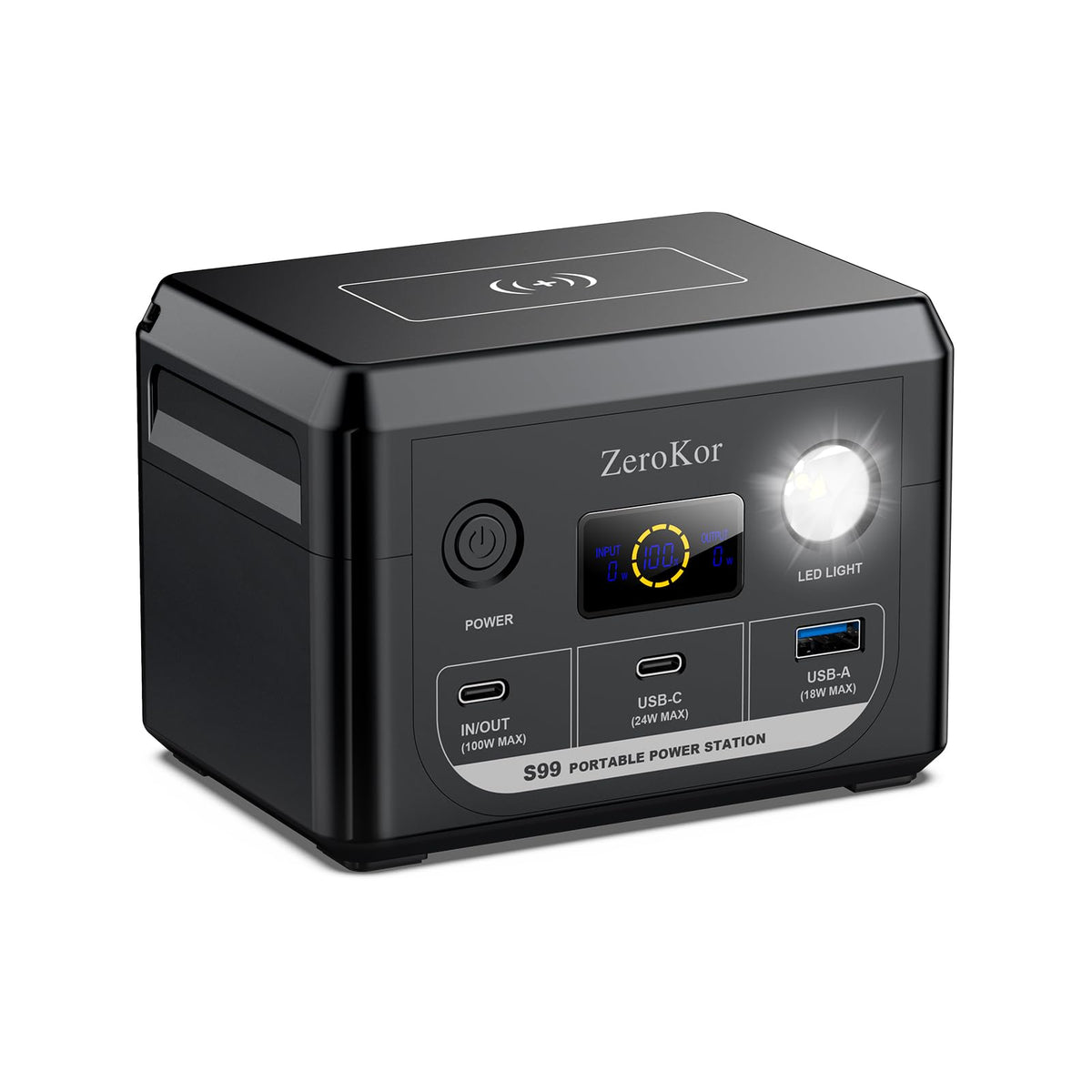 ZeroKor 100W portable power station front view powering devices on the go