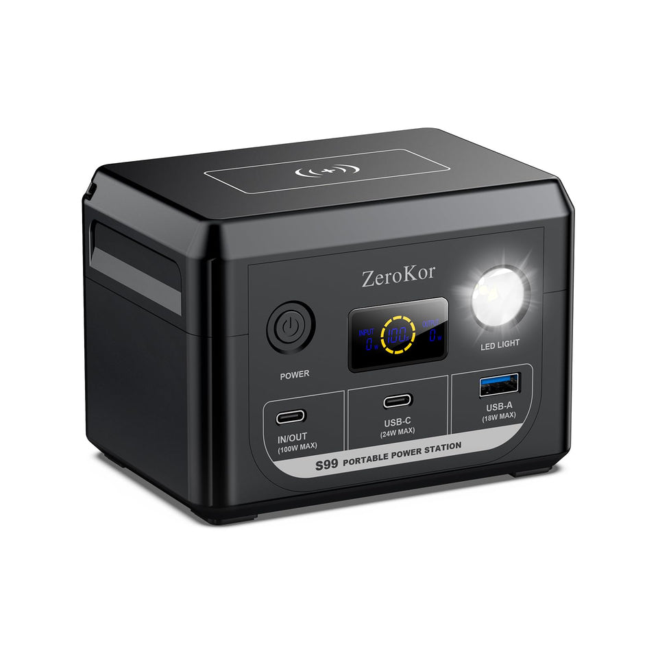 ZeroKor 100W portable power station front view powering devices on the go