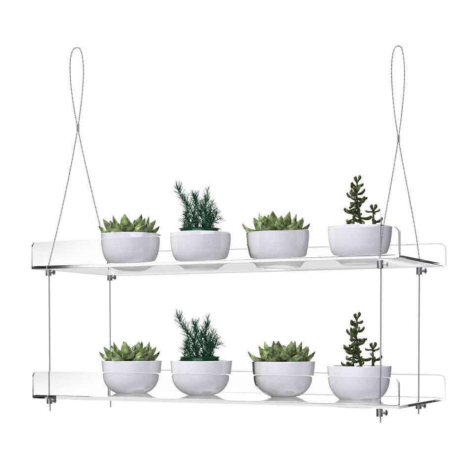 ZerzSemp 2-tier acrylic window shelves showing adjustable height for herbs