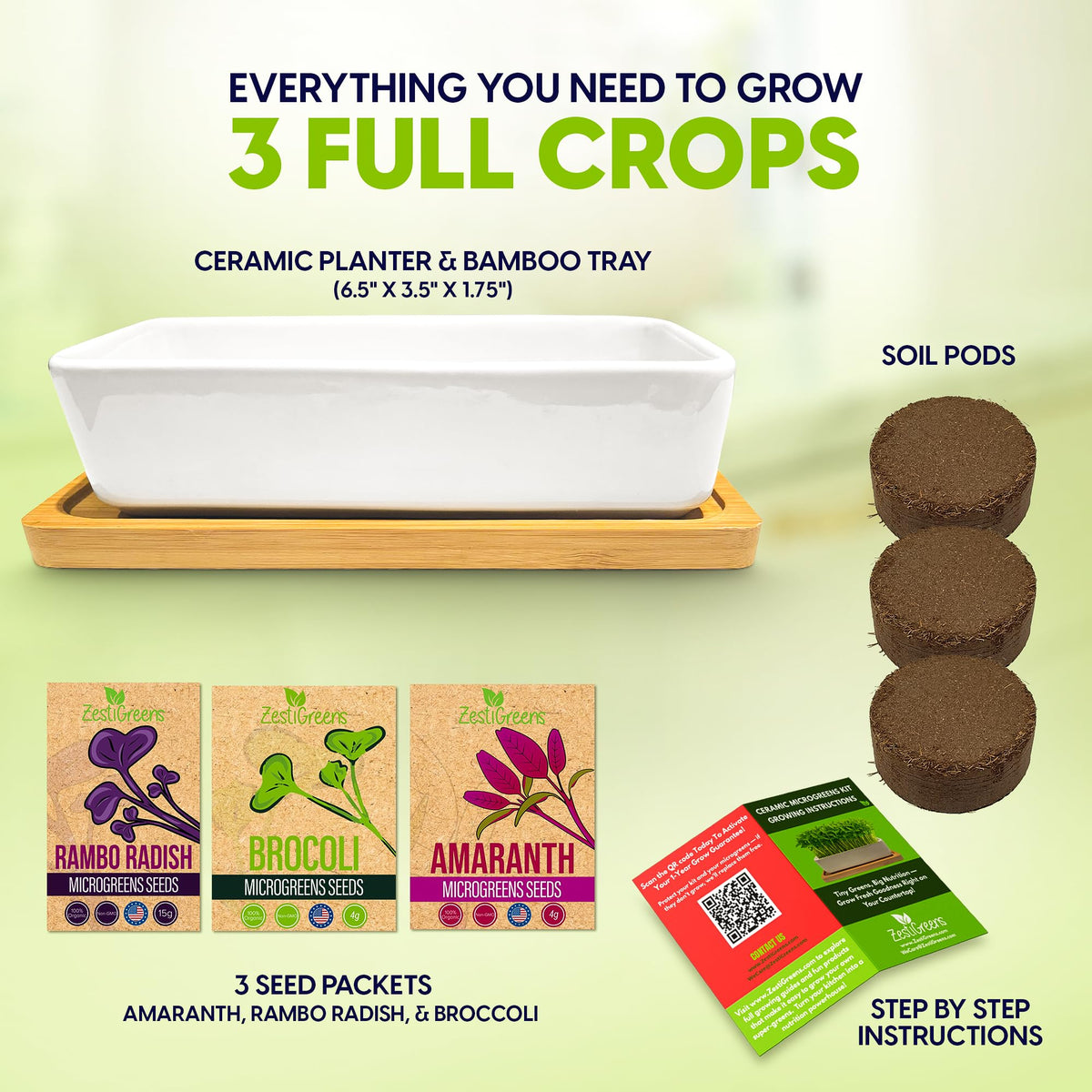 ZESTIGREENS soil mix and seed packets for 3 crop cycles.