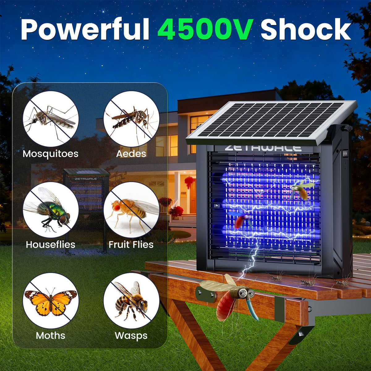 ZETAWALE bug zapper offers auto dusk activation and manual mode for flexibility.