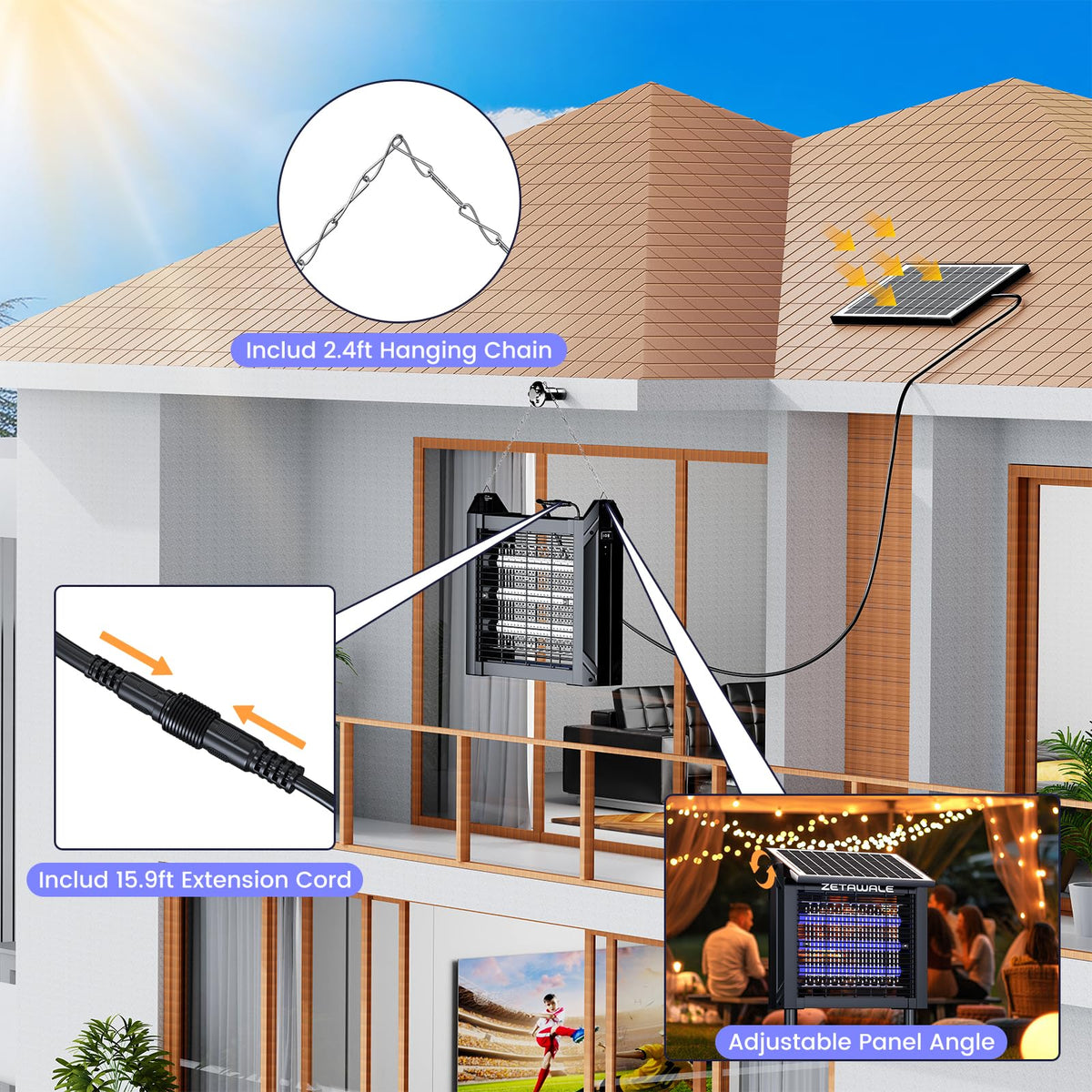 ZETAWALE bug zapper with hanging chain and ground stake for versatile placement.