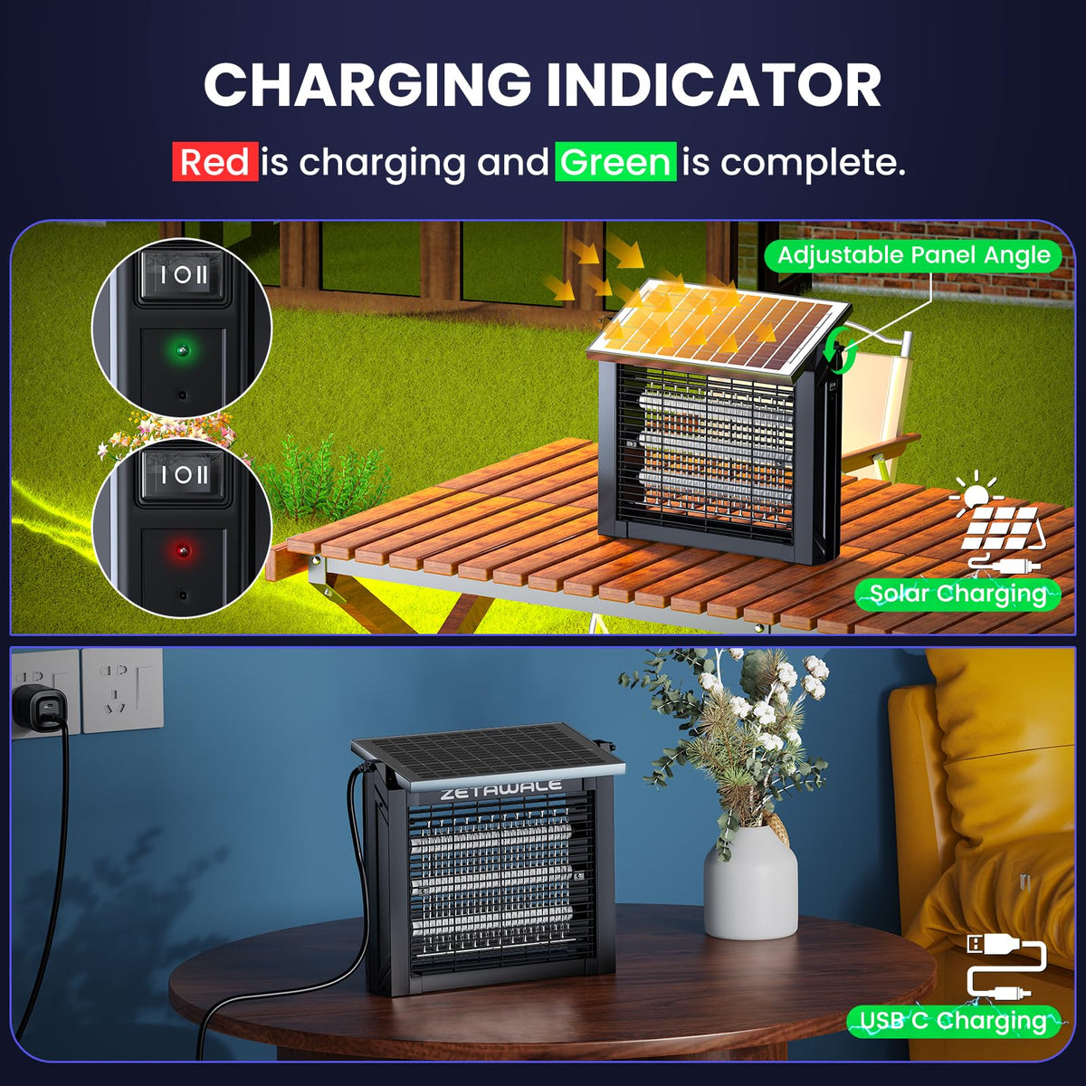 ZETAWALE solar bug zapper covers up to 2000 sq ft for outdoor spaces.