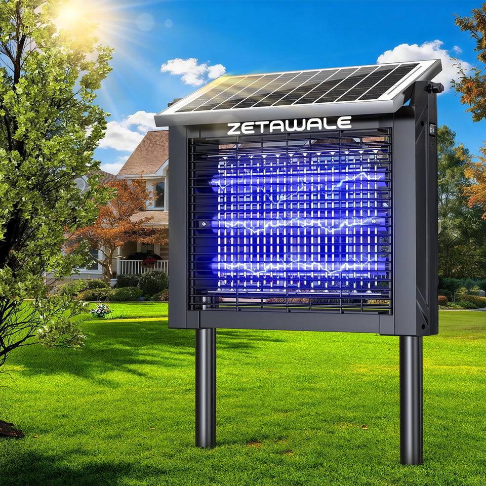 ZETAWALE solar bug zapper outdoors with IPX4 waterproof design for backyard use.