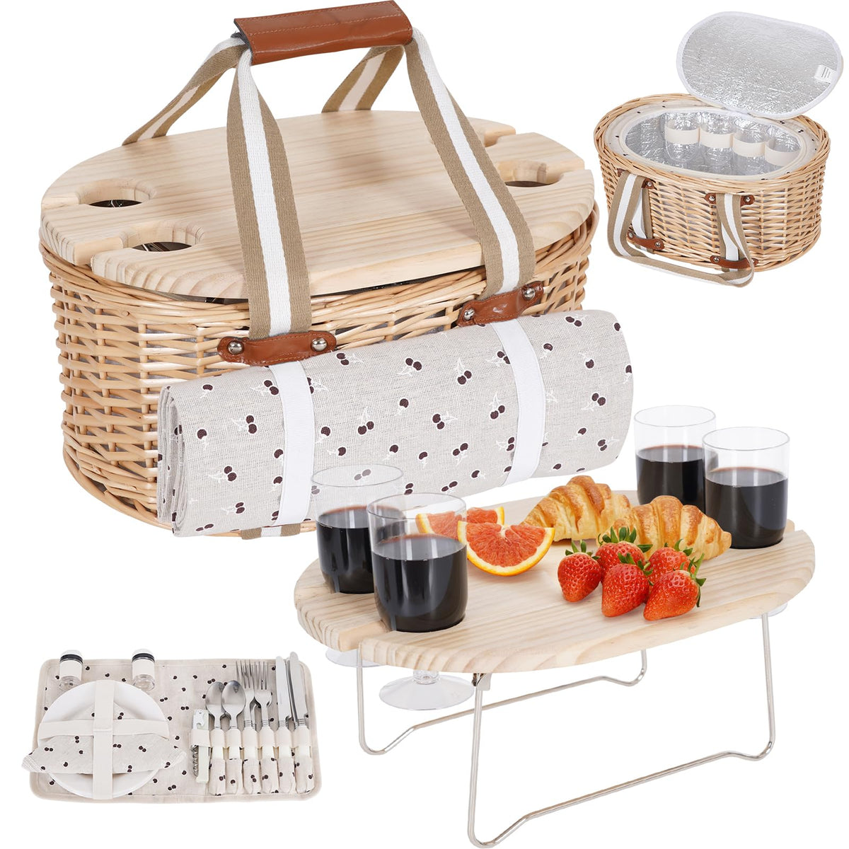 Zettfuly picnic basket 4-person wicker, ideal for romantic outdoor meals.