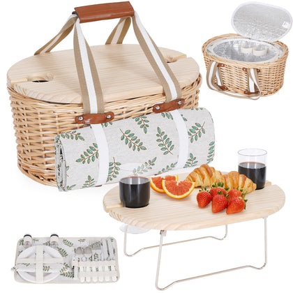 Zettfuly Leaf wicker picnic basket for two, elegant carry and storage.