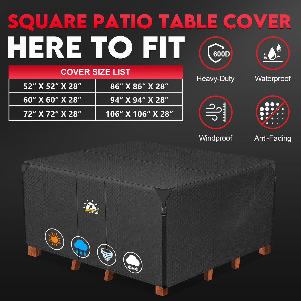 Zettum 600D waterproof cover shields outdoor furniture from rain and debris.