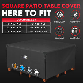 Zettum 600D waterproof cover shields outdoor furniture from rain and debris.