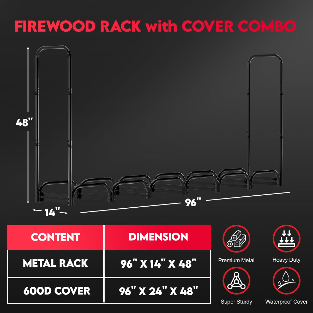 Zettum 8ft firewood log rack side view showing ample storage space.