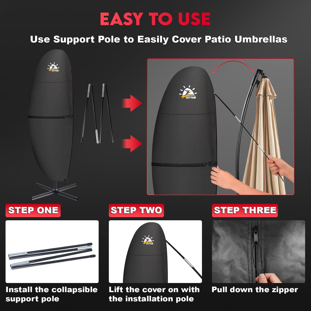 Zettum banana parasol cover with collapsible pole simplifies installation and removal.