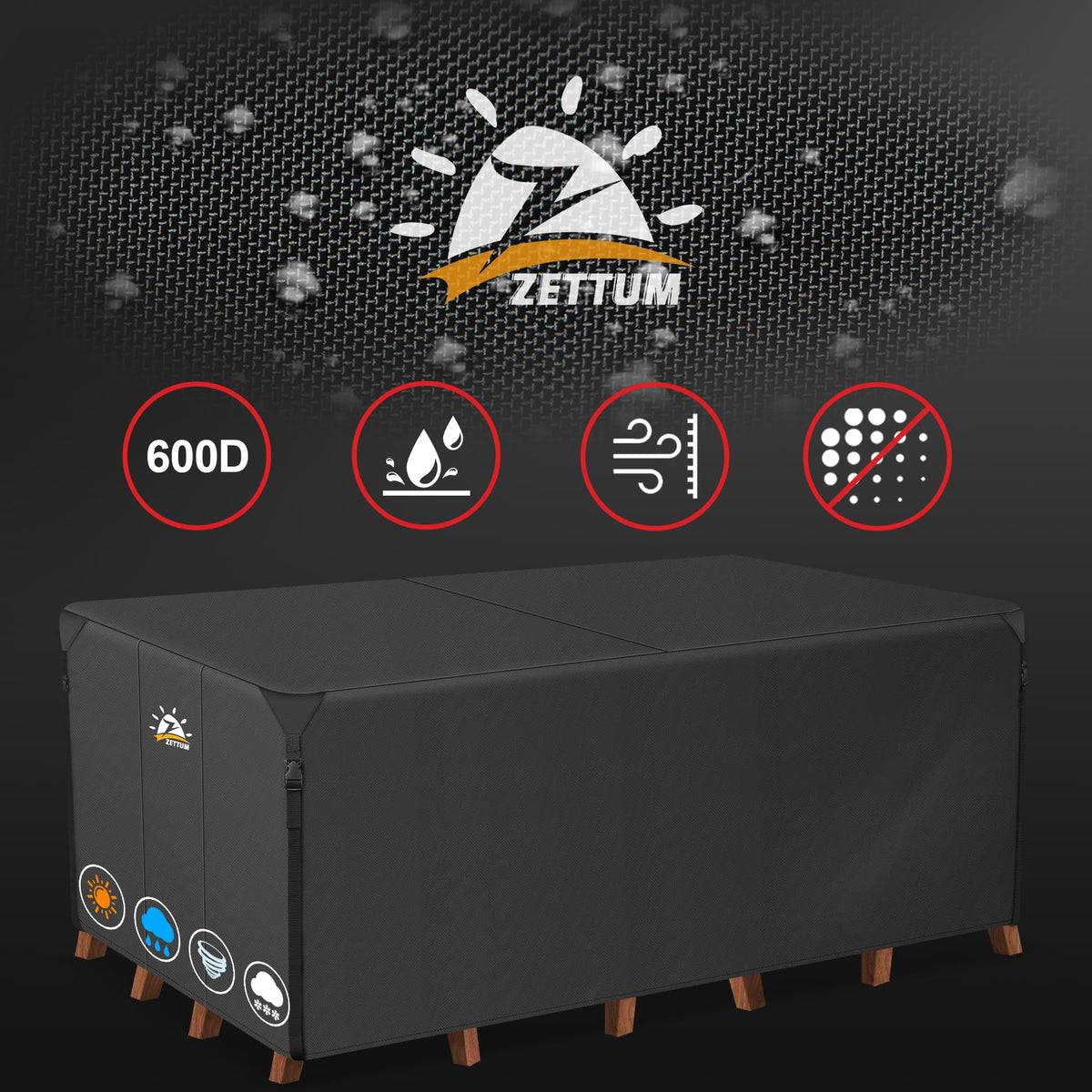 Zettum fits most rectangle tables up to 74 by 54 inches.