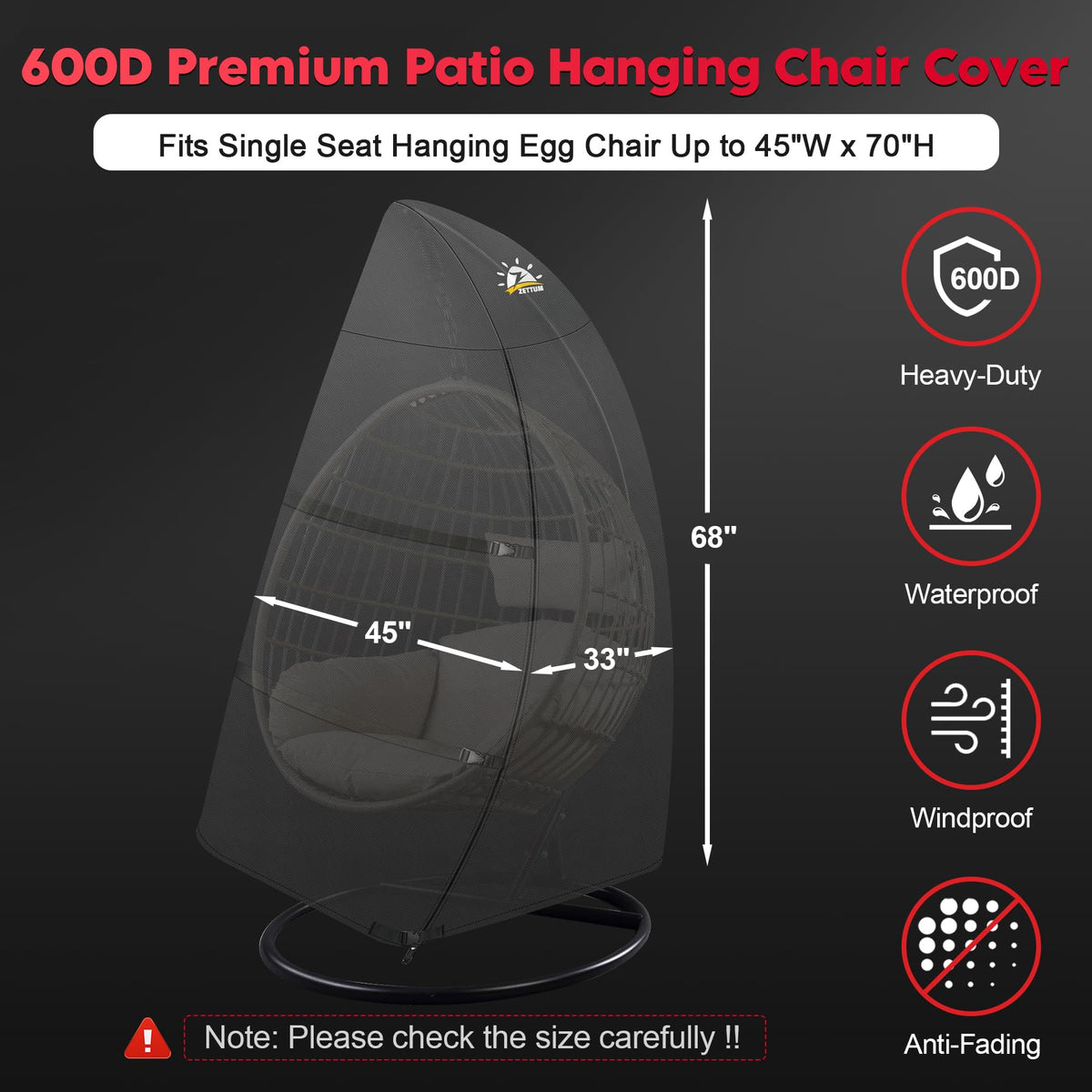 Zettum egg chair cover waterproof 600D shields outdoor seating from rain.