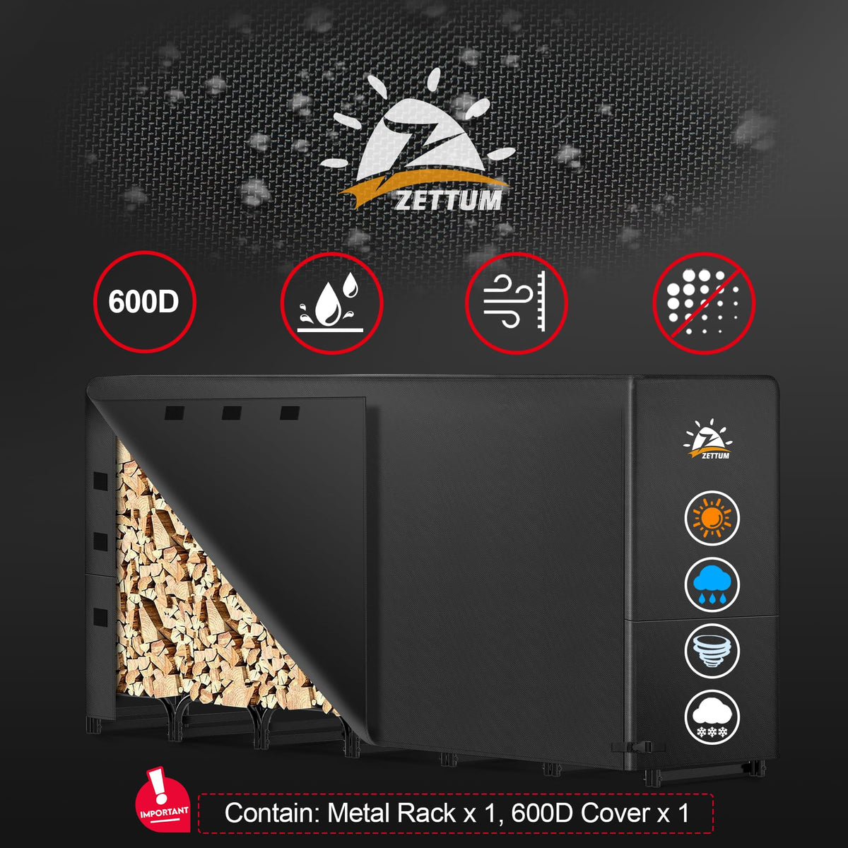 Zettum firewood rack with cover protects wood outdoors.