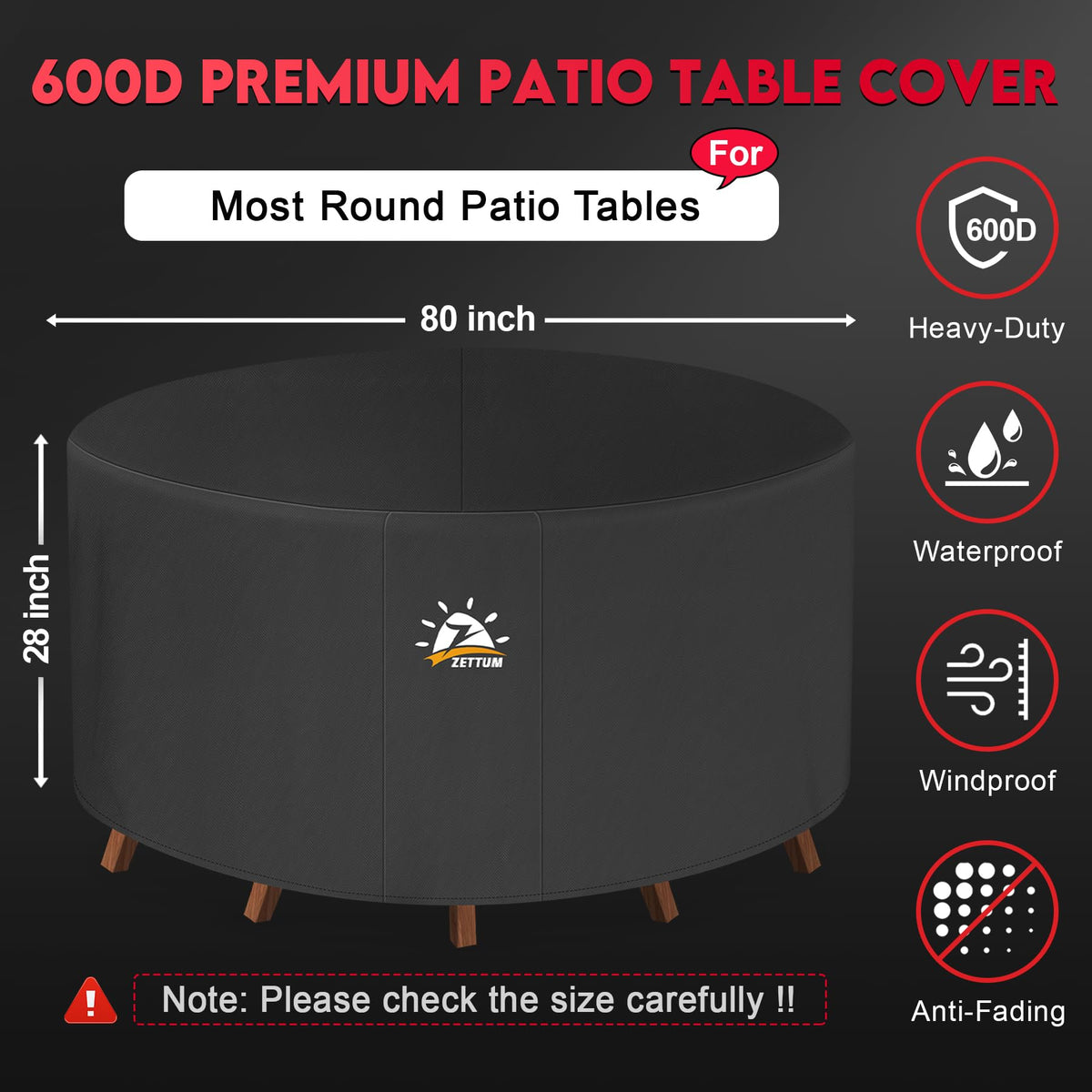Zettum heavy-duty 600D fabric shield stands up to wind and dirt.